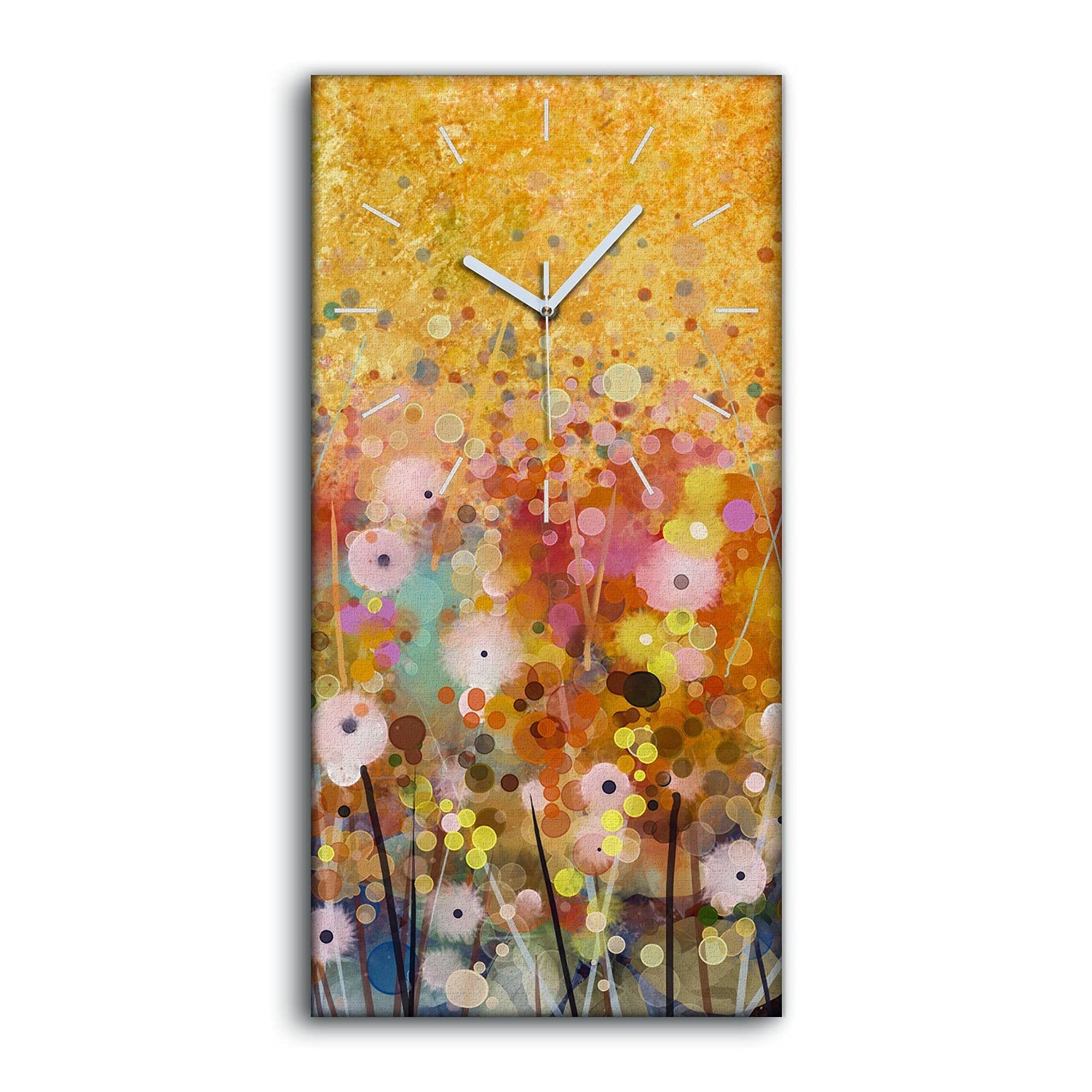 Horloge sur toile 30x60cm nature paysage prairie fleurs et aiguilles blanches sans tic-tac
