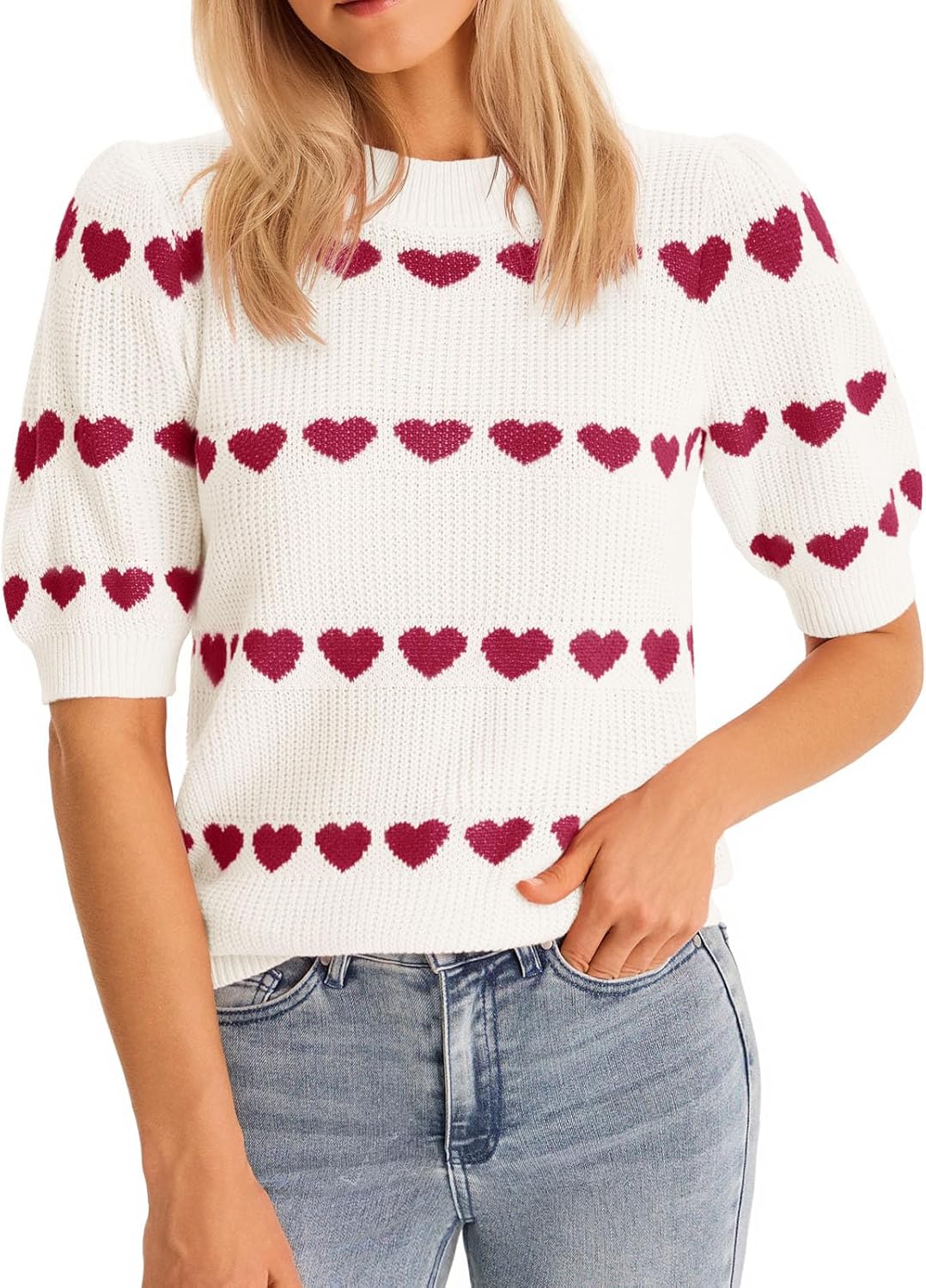 Saodimallsu Womens Heart Striped Sweaters Valentines Puff Short Sleeve Sweaters Cute Lightweight Knit Crewneck Tops