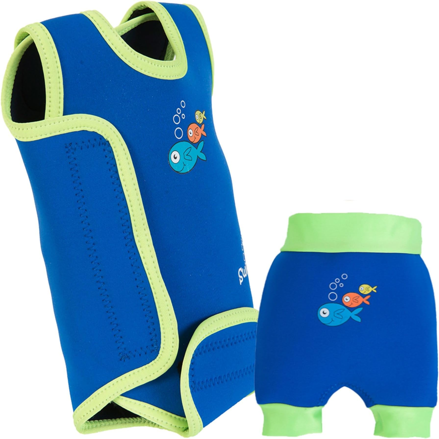 Swimsuit & Nappy Set - Neoprene Wrap Around Baby Swimming Costume with a Free Swim Nappy- Blue/Lime, 6-12 mths/9-12m (8-11 kgs)
