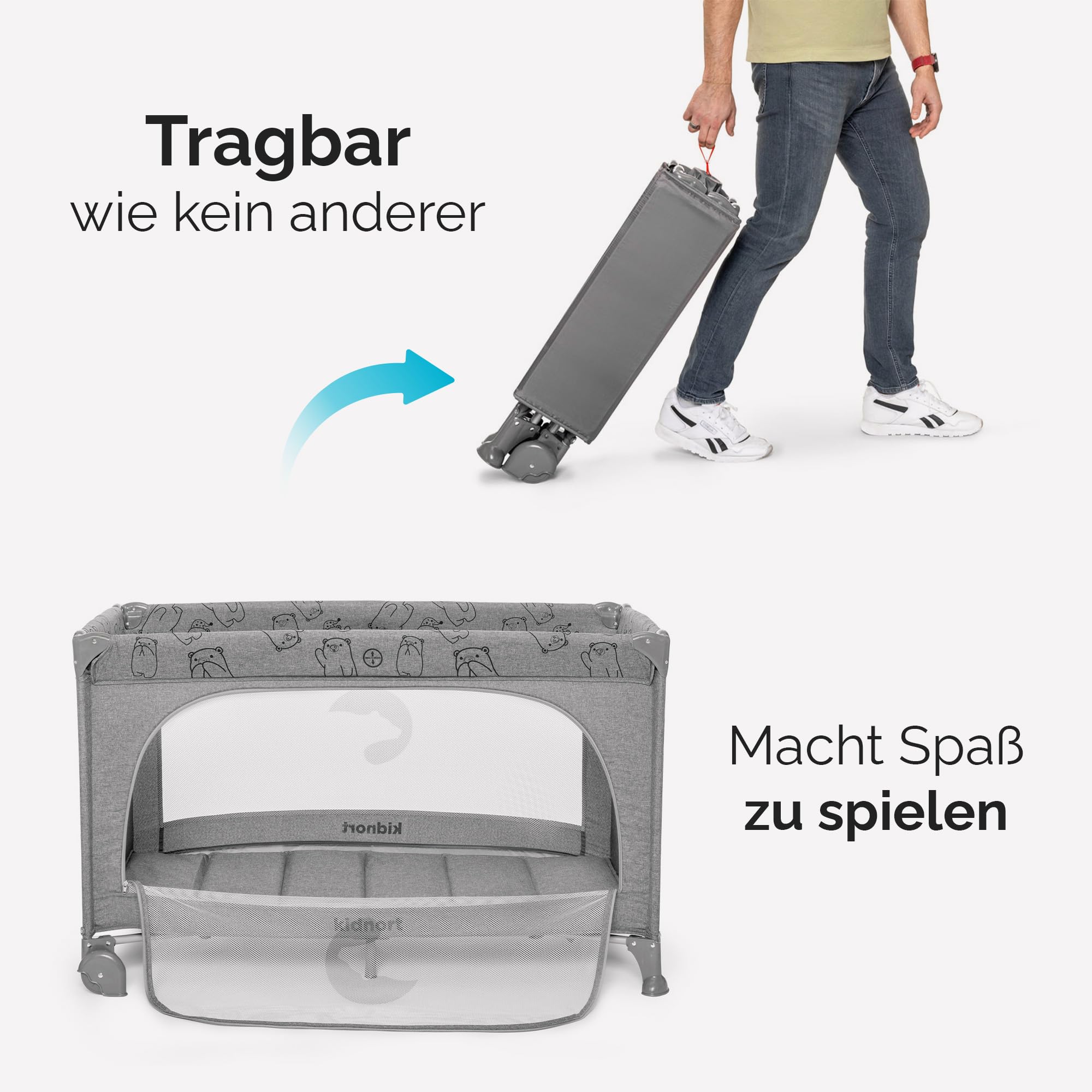 Ihalig Reisebett Babybett faltbar mit Matratze Seiteneingang und Rollen mit Bremsen Kinderreisebett klappbar mit Tragetasche Seitentasche platzsparend für Zuhause Reise Hellgrau