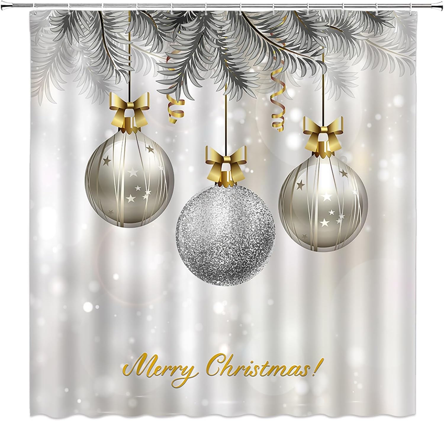 Christmas Ball Extra Long Shower Curtain, Golden Gray Silver Xmas Ball Snowflake Twigs Fantasy Winter Holiday Festival Bathroom Home Curtain Decor with Hooks,70" Wx84 H