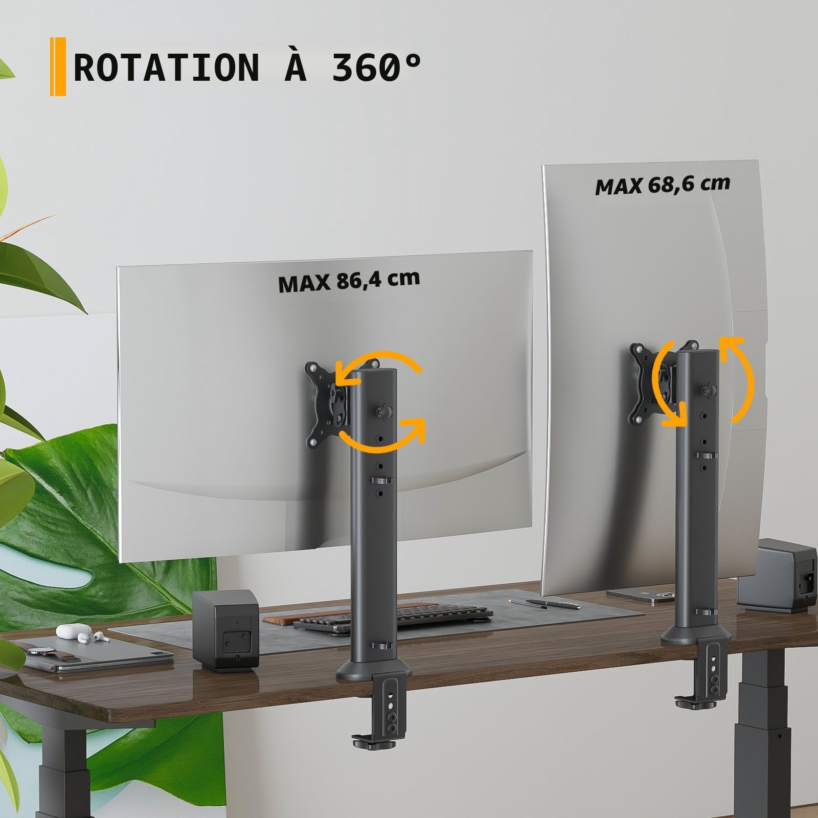 HEMUDU Bras de Support pour écran d'ordinateur Plat incurvé de 33 cm à 81,3 cm avec Pivot, Hauteur réglable, Rotation, Peut Supporter jusqu'à 35 kg, Noir