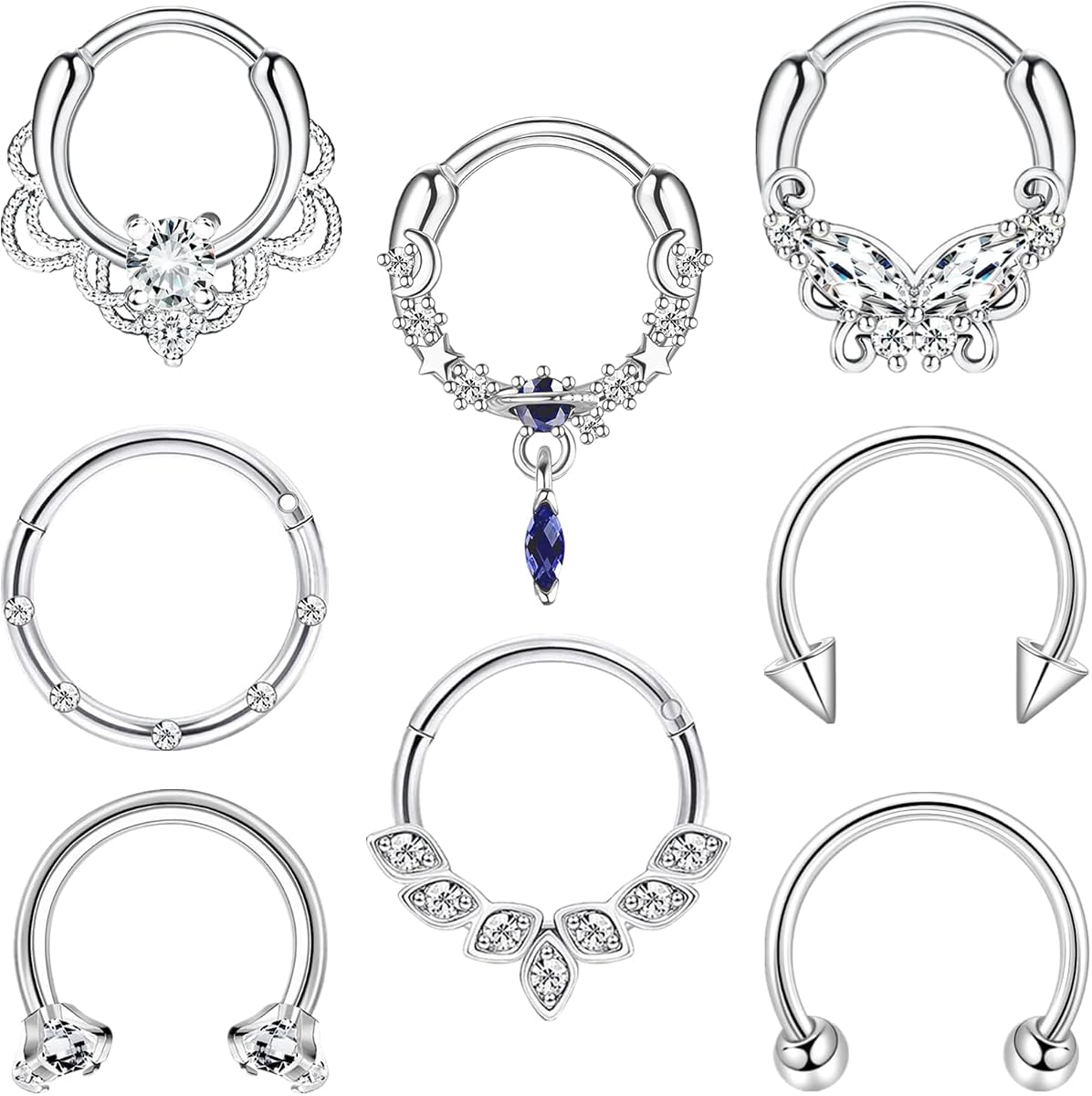 8 Pcs Septum Rings 16G Septum Daith Piercing Jewelry Hoop Nose Ring | Hypoallergenic Surgical Steel Nose Rings for Women,Silver Gold Clicker Septum Ring,Cubic Zirconia Horseshoe Nose Rings 8/10mm