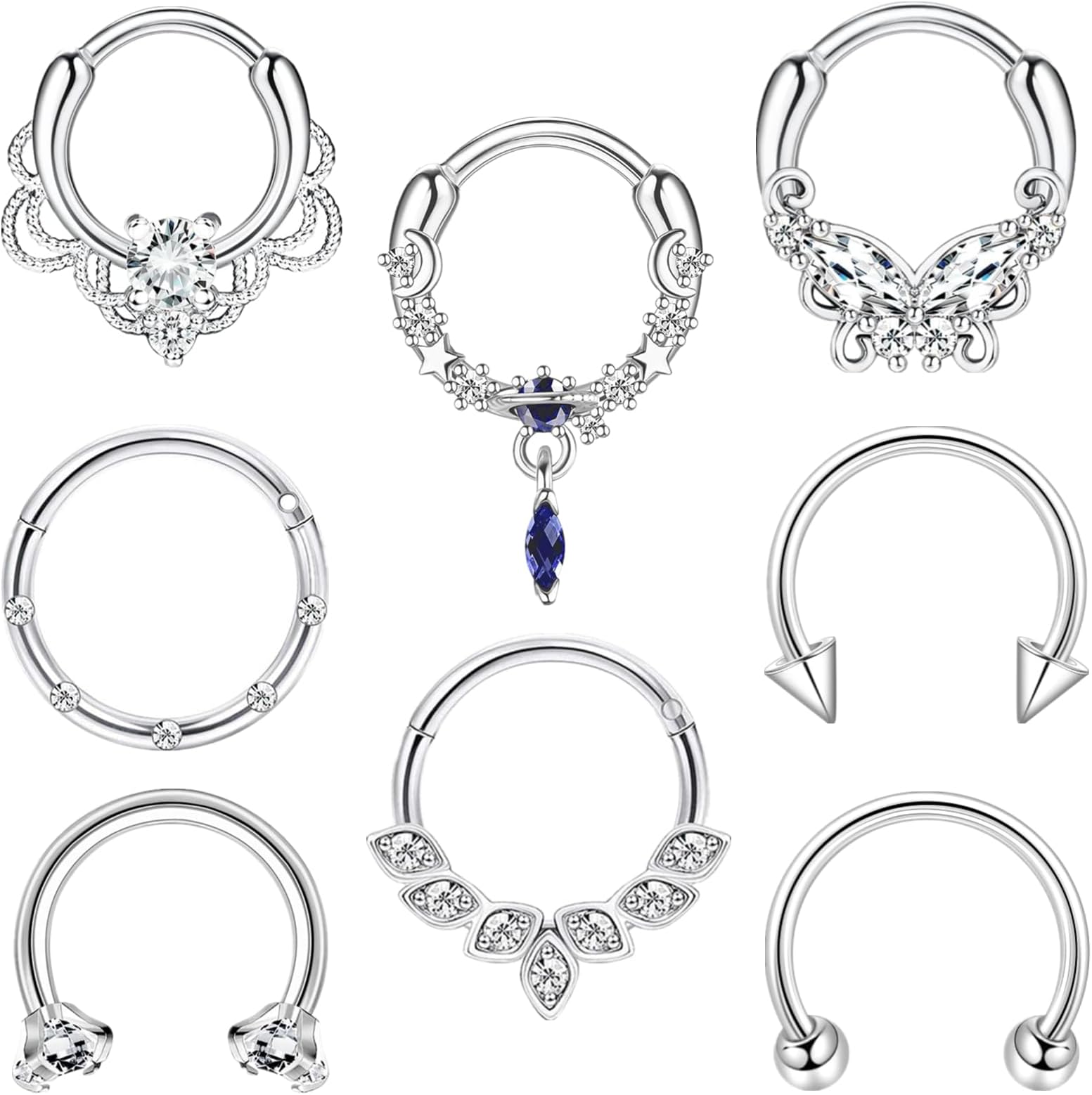 8pcs Septum Rings 16g Surgical Steel Nose Rings Hoops Septum Clicker Daith Piercing Jewelry Silver Butterfly CZ Horseshoe Nose Lip Ring For Women Men 8MM 10MM