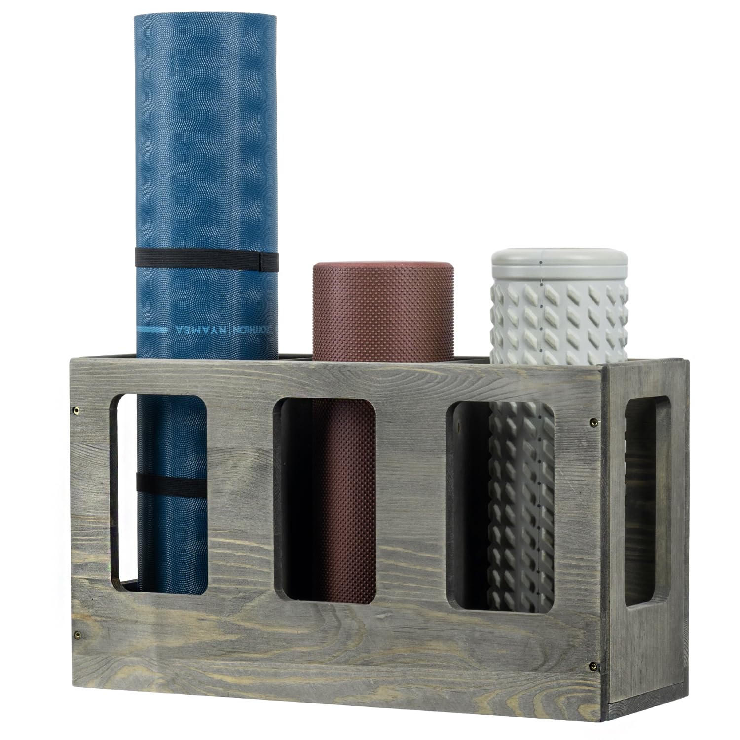 MyGift Wall Mounted Vintage Gray Solid Wood Yoga Mat Holder Fitness Gym Foam Roller Storage Organizer, Floor Standing Sports Exercise Mat Rack