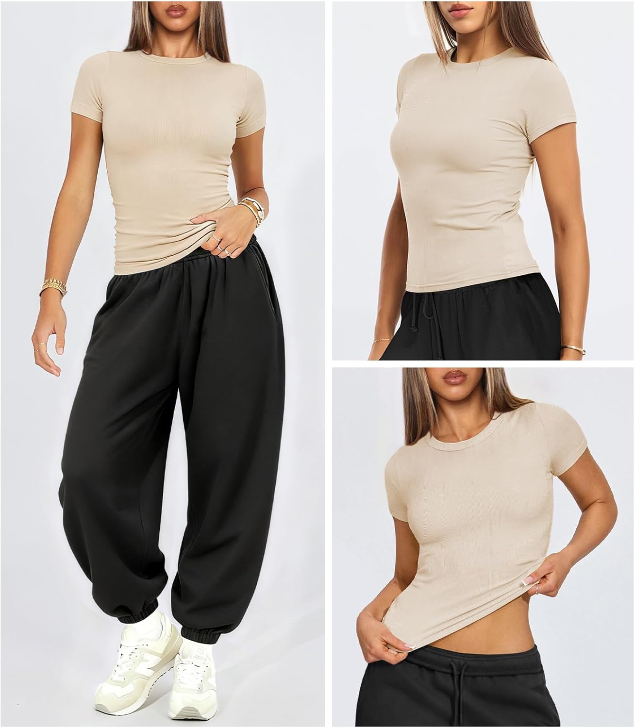 Womens Crew Neck Ribbed Skim Short Sleeve Fitted T Shirts Casual Basic Tight Tees Stretchy Tops for Women - Image 3