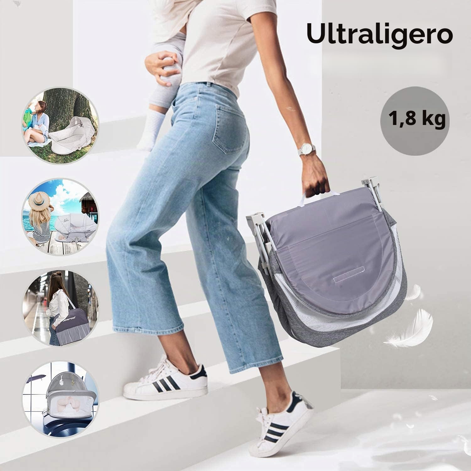 beberoad Moisés portátil de viaje para bebés recién nacidos, color gris oscuro | Cuna plegable para bebé, cunas portátiles, para niños pequeños con colchón, mosquitos y red solar
