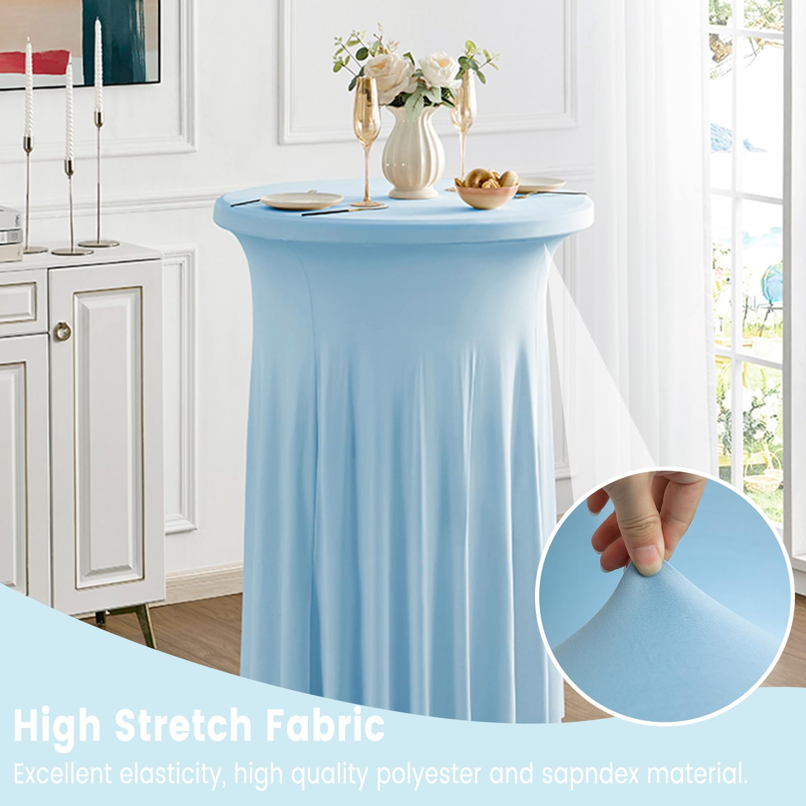 Lot de 2 nappes de table à cocktail rondes avec jupe - 81 x 100 cm - En élasthanne extensible - Nappe ronde pour fête, mariage, anniversaire, banquet - Bleu clair