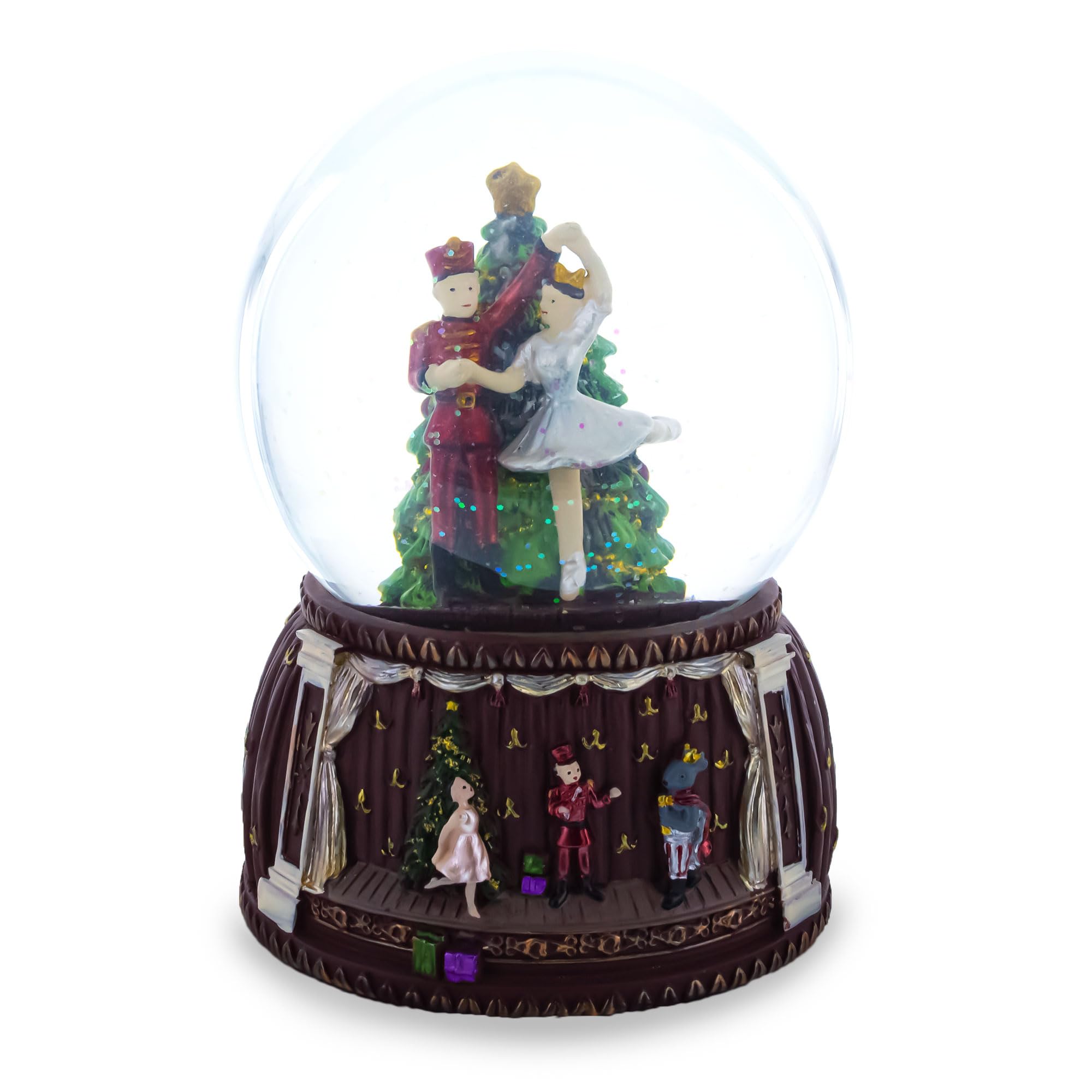 Nutcracker Ballet Whirl: Musical Water Snow Globe Figurine with Dancing Nutcracker and Ballerina around Christmas Tree
