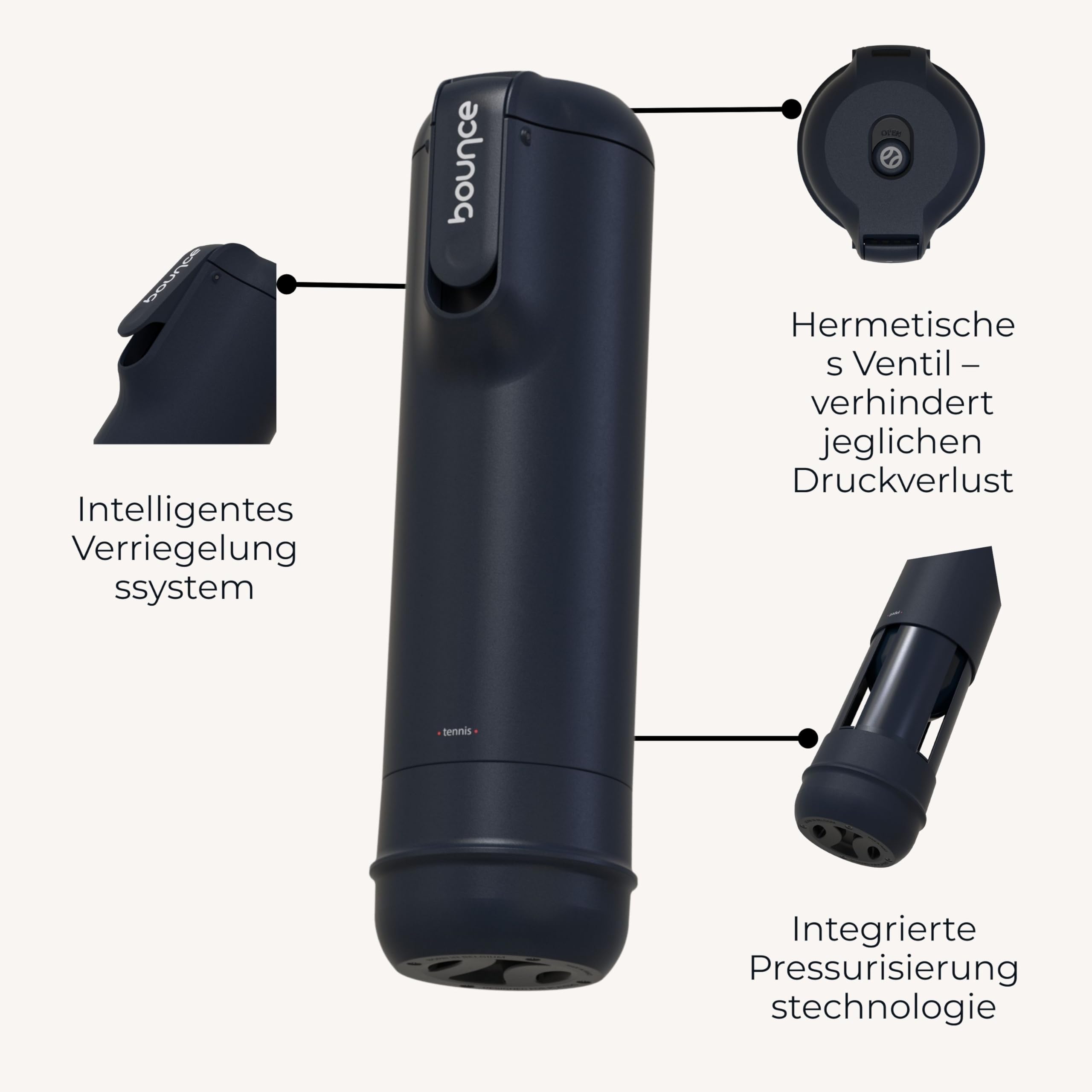Bounce Tube – Druckminderer für Padel- und Tennisbälle – Lebensdauer x3 – Rückprall erhalten – integrierte Pumpe