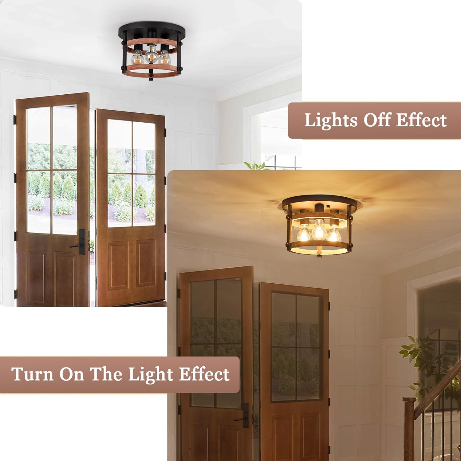 3-Light Flush Mount Wood Ceiling Light Black Metal and Round Wood Frame Hallway Ceiling Light 12 inch Retro Rustic Light Fixtures for Farmhouse, Kitchen, Foyer,Entryway, Bedroom, Dining Room