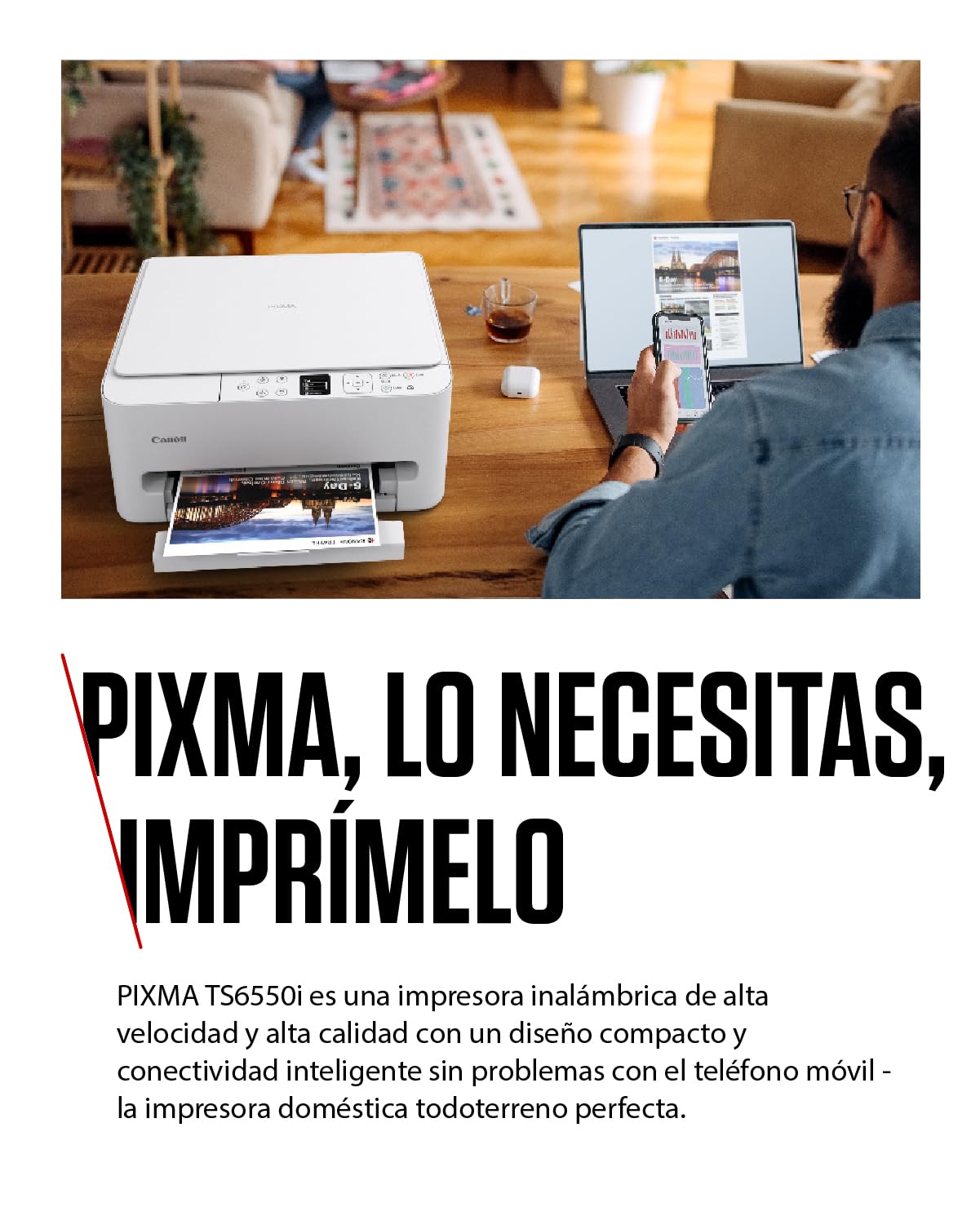 Canon PIXMA TS6550I - Impresora Todo en Uno con Conectividad Wi-Fi y Pantalla OLED de 1,42 PIXMA Print Plan - Incluye Papel Fotográfico A4 SG-201, 5 Hojas