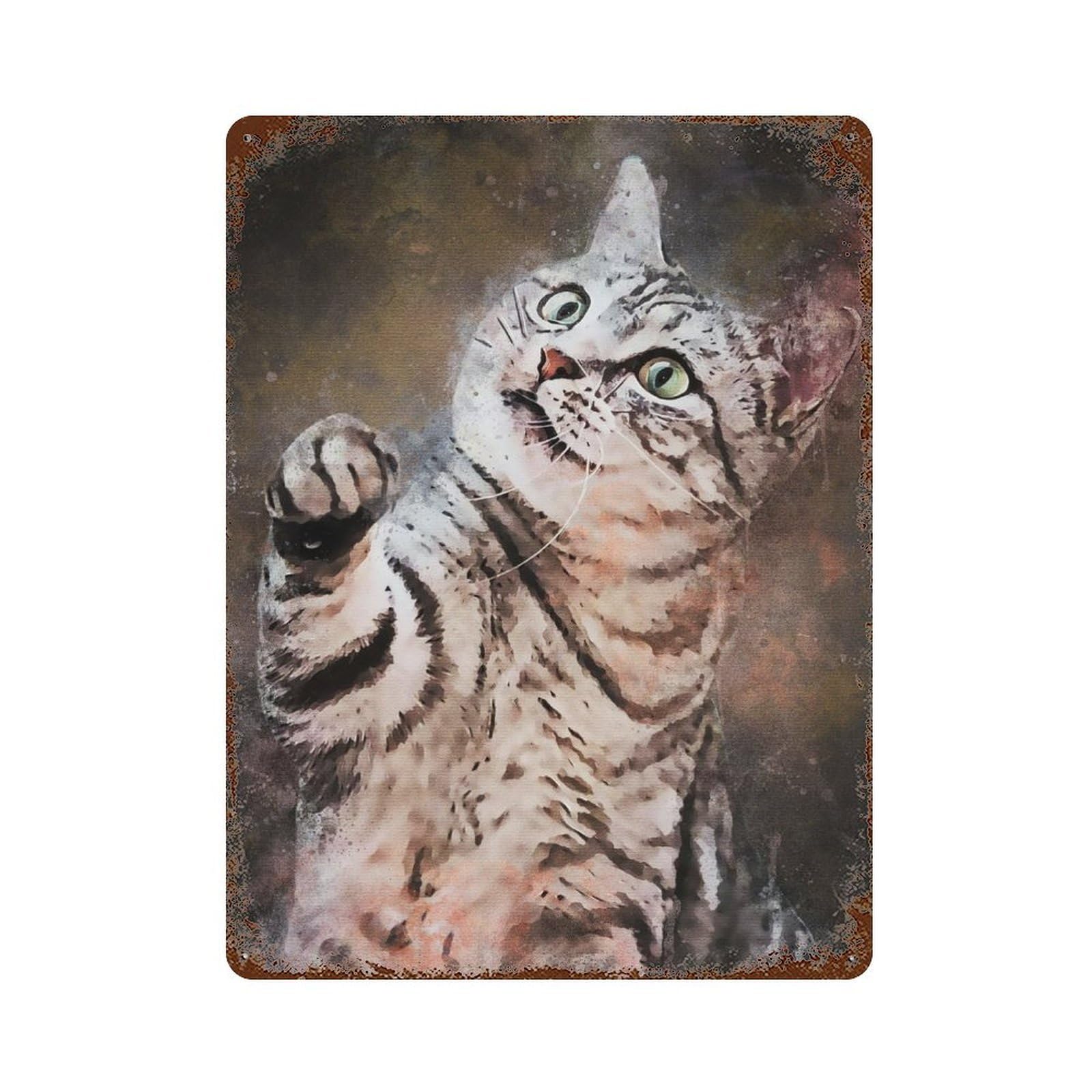 Rustic Tin Plaque Splatter Cute Cat 15.7"x11.8", Retro Wall Decor for Shed, Workshop And Garage Wall Decor