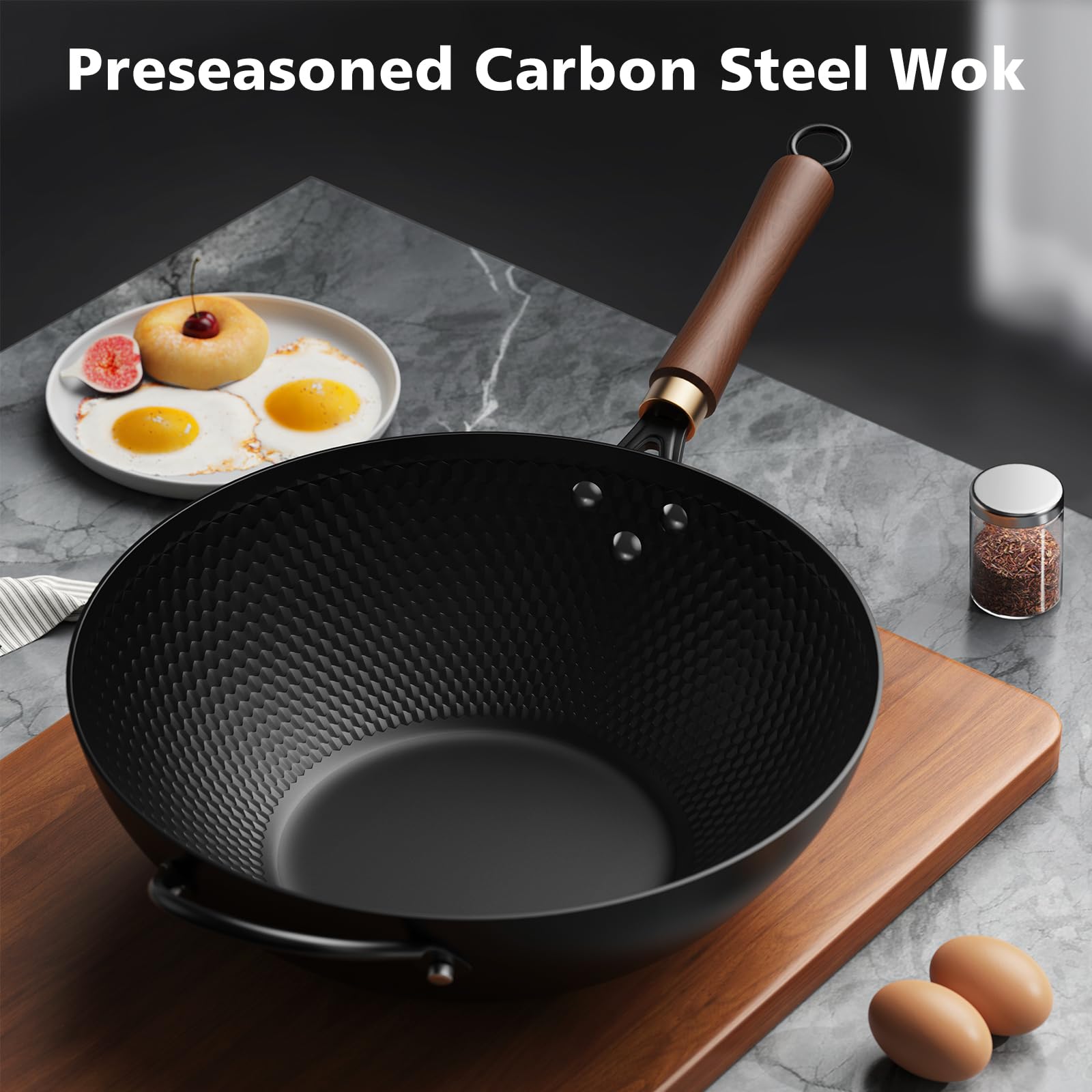 Wok antiadherente de acero al carbono de 13 pulgadas con cubierta de vidrio, woks y sartenes para inducción, eléctrica, gas, halógenos, todas las estufas 7