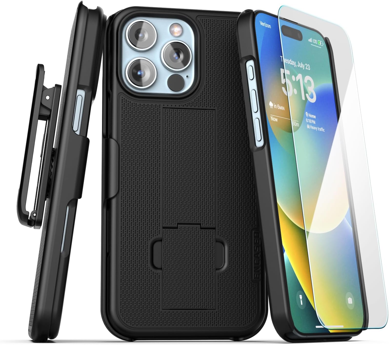 Nagebee For Apple IPhone 15 Pro Max Phone Case Belt Clip Holster Kickstand With Built-in Camera Lens Protector (Tempered Glass), Impact Resist Shockproof Heavy Duty Protective Defender Cover (Black - Foto 3