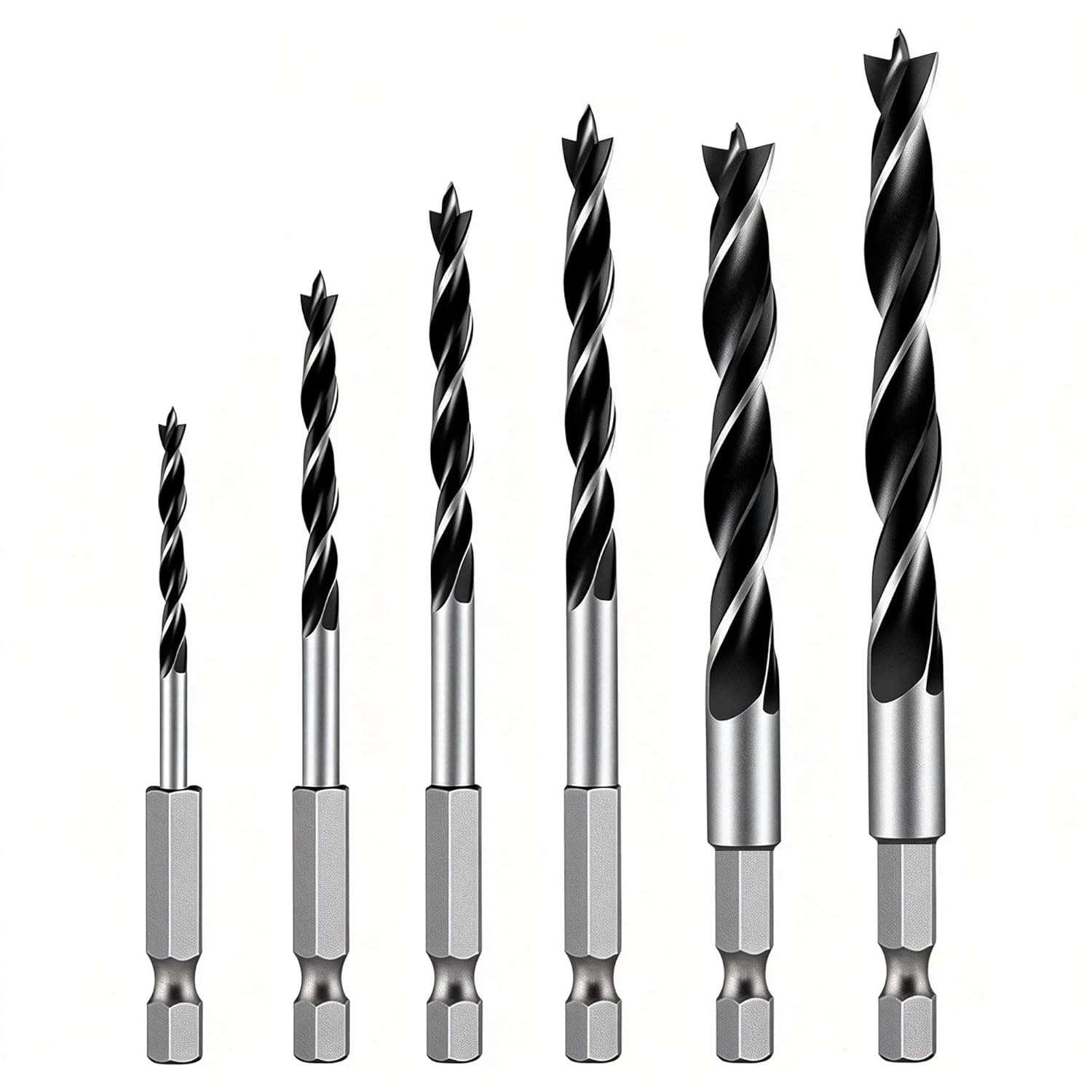 Brad Point Drill Bit Set, 6PCS Wood Drill Bits 1/8"-3/8" with Quick Change Hex Shank - Wood Drill Bit Set Professional for Hardwood, Plywood, Plastic, Ideal for Carpentry, DIY & Woodworking Projects
