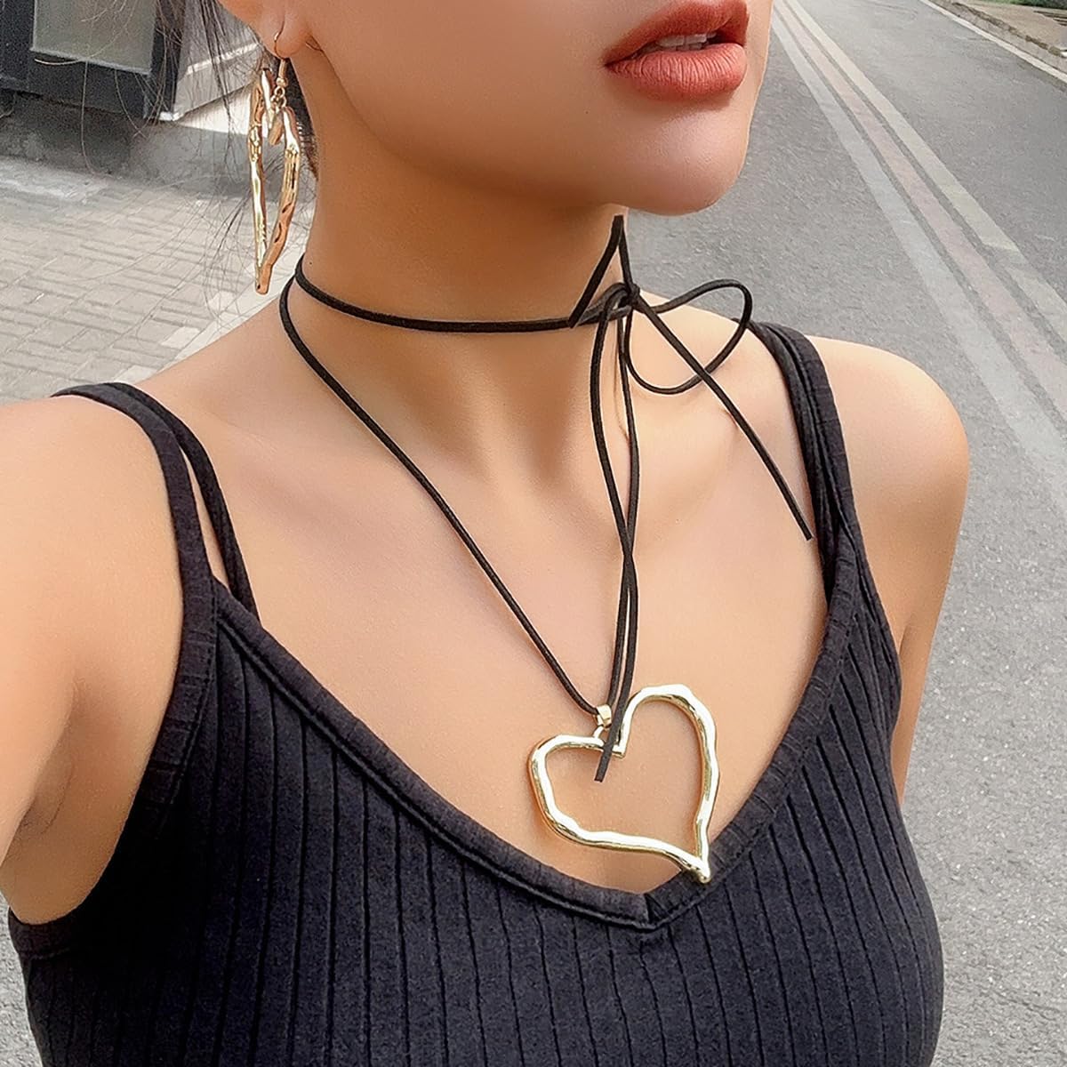 Gold/Sliver Large Hollow Heart Necklaces for Women Big Love Earrings Y2k Exaggerated Hollow Heart Pendant Necklace Earrings Set Statement Jewelry - Image 5