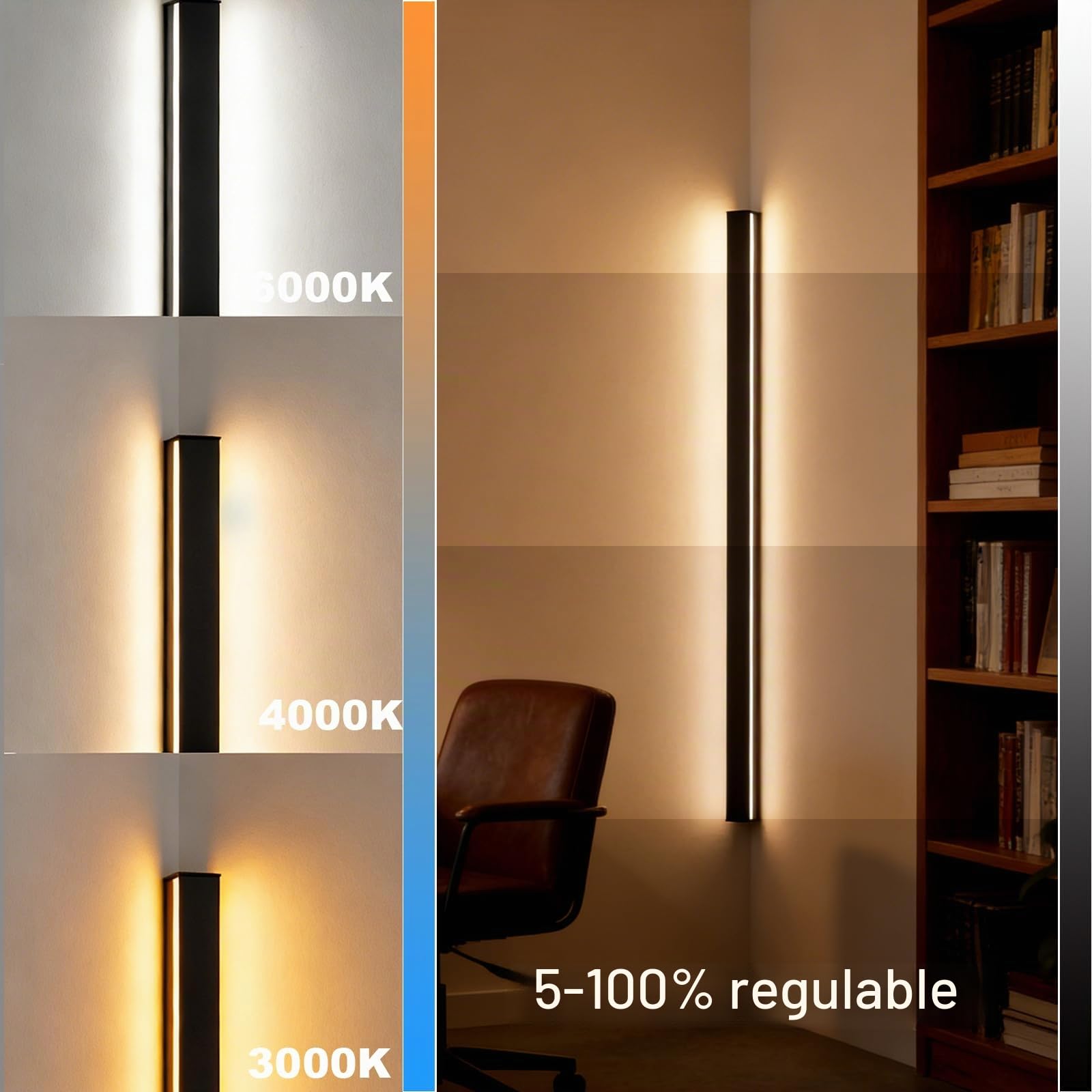 LANMOU Aplique de Pared Interior LED Esquina 90cm Regulable con Enchufe | Lámpara de Pared Largo Moderna de Aluminio con Mando a Distancia ＆ Temperatura de Luz 3000K-6500K, para Salón o Dormitorio