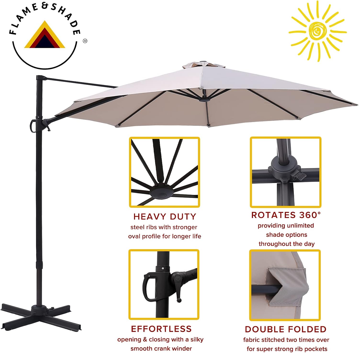 FLAME&SHADE 10 ft Cantilever Offset Outdoor Patio Umbrella with Base Stand Rotate and Tilt - Beige