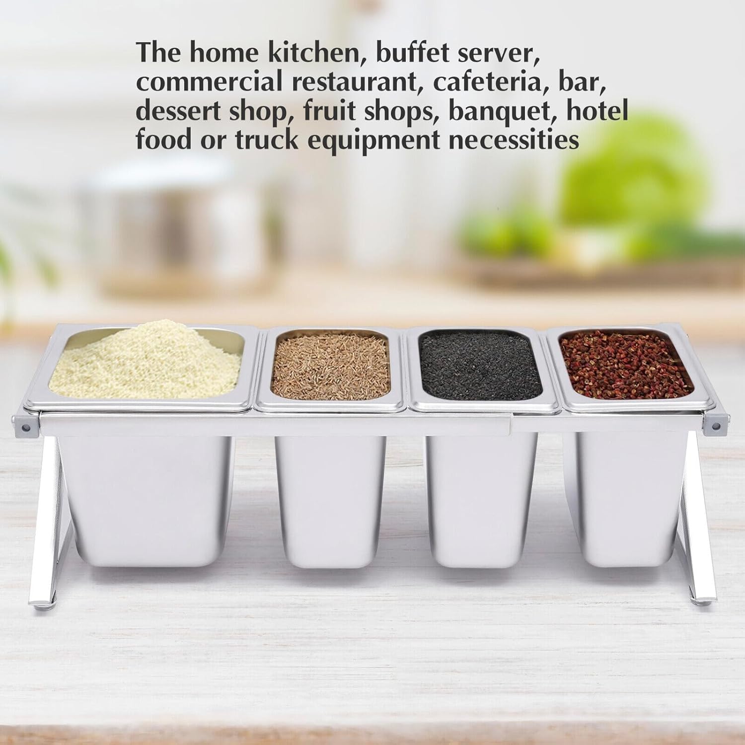 20-Inch Telescoping Condiment Prep Station Seasoning Food Prep Center Self with 4 Pans, 4 Lids and 4* Spoons for Kitchen Bar Restaurant and Buffet, Stainless Steel Spice Food Container Pans