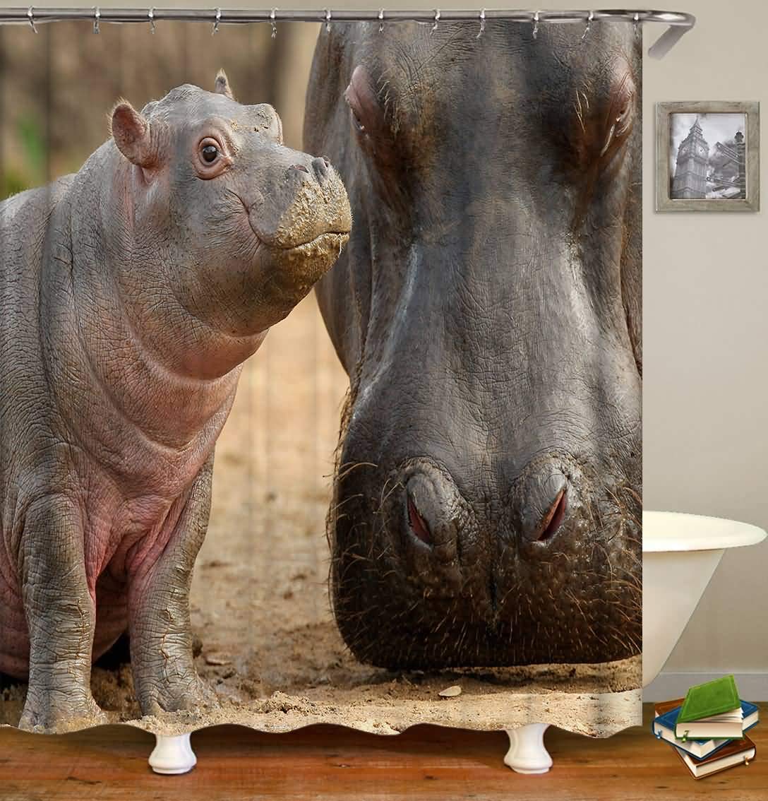 Zasłona prysznicowa duży hipopotam i mały hipopotam kolorowa zasłona prysznicowa zmywalna z tkaniny poliestrowej 180 x 200 cm