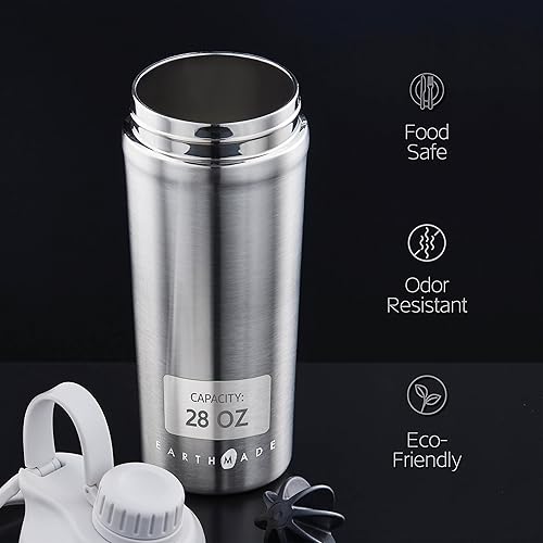 Miniatura 6 de Earthmade Robust - Botella mezcladora de proteínas de acero inoxidable botella mezcladora aislada de 28 onzas para mezcla de proteínas que mantiene