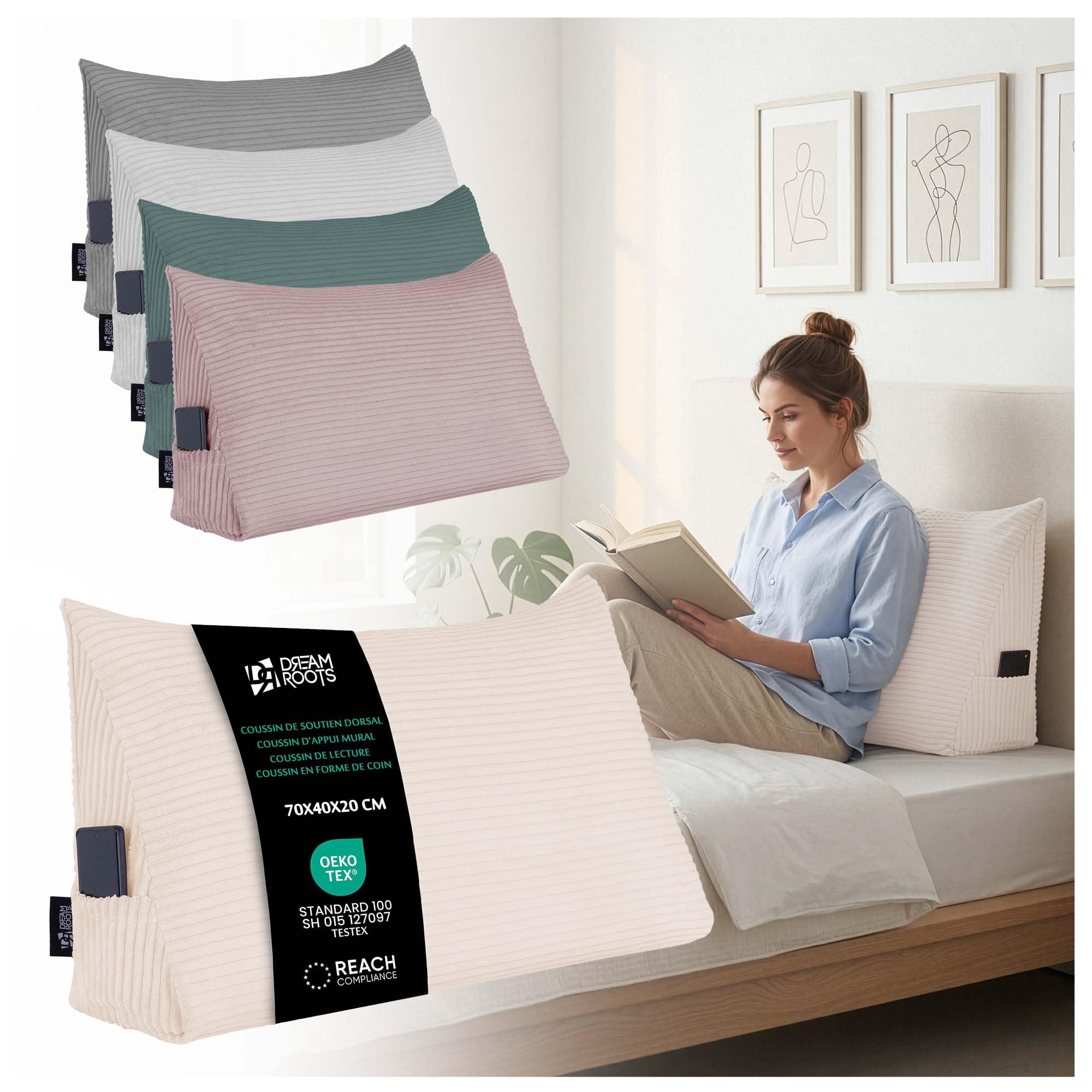 Coussin Dossier Triangulaire Contre Mal de Dos Lit Velours Crème