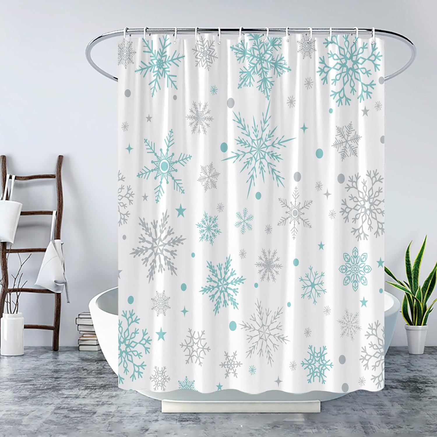 Christmas Winter Snowflakes Shower Curtain Teal Grey Snowflake Winter Holiday Xmas New Year Rustic Farmhouse Festival Merry Christmas Bathroom Curtain with Hook