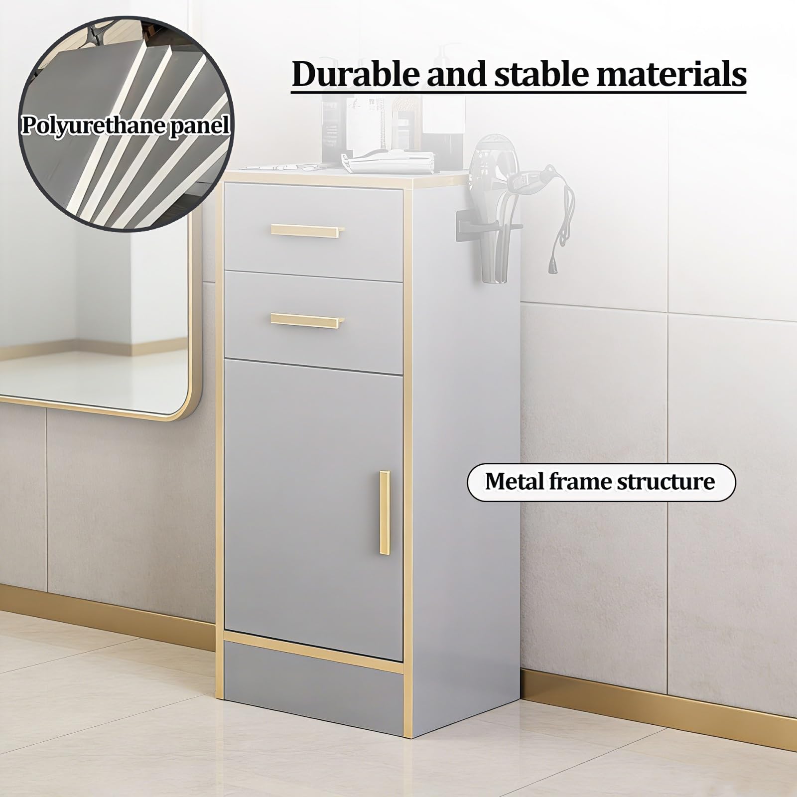 Postazione da barbiere per parrucchieri, postazione per attrezzi da parrucchiere, attrezzatura per salone di bellezza e spa con 2 cassetti, 1 supporto per asciugacapelli(White)