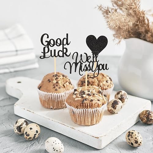 Miniatura 8 de 24 piezas de purpurina dorada clara We Will Miss You - Decoración para cupcakes de buena suerte, corazón para decoración de mesa de fiesta