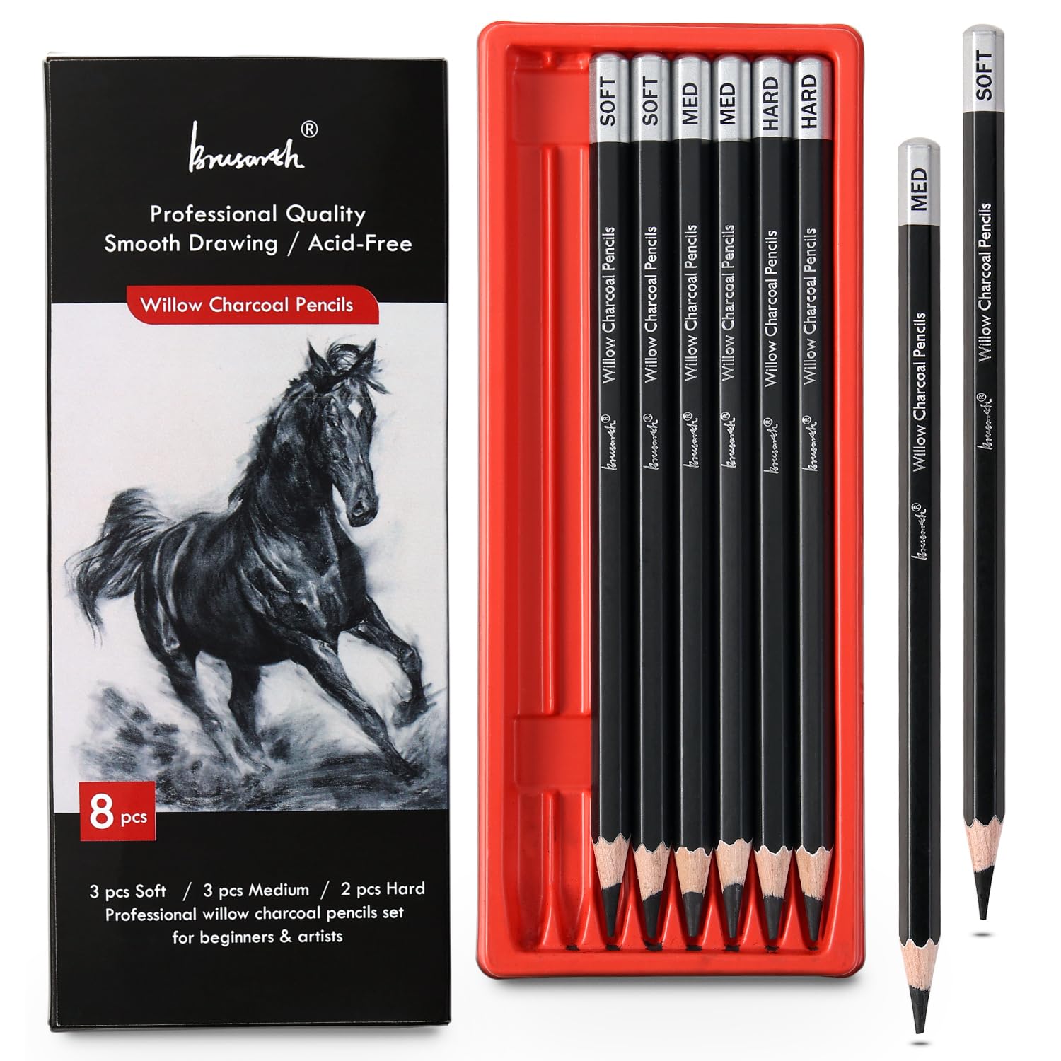 Brusarth Professional Charcoal Pencils Drawing Set - 8 Pieces Soft Medium and Hard Willow Charcoal Pencils for Drawing, Sketching, Shading