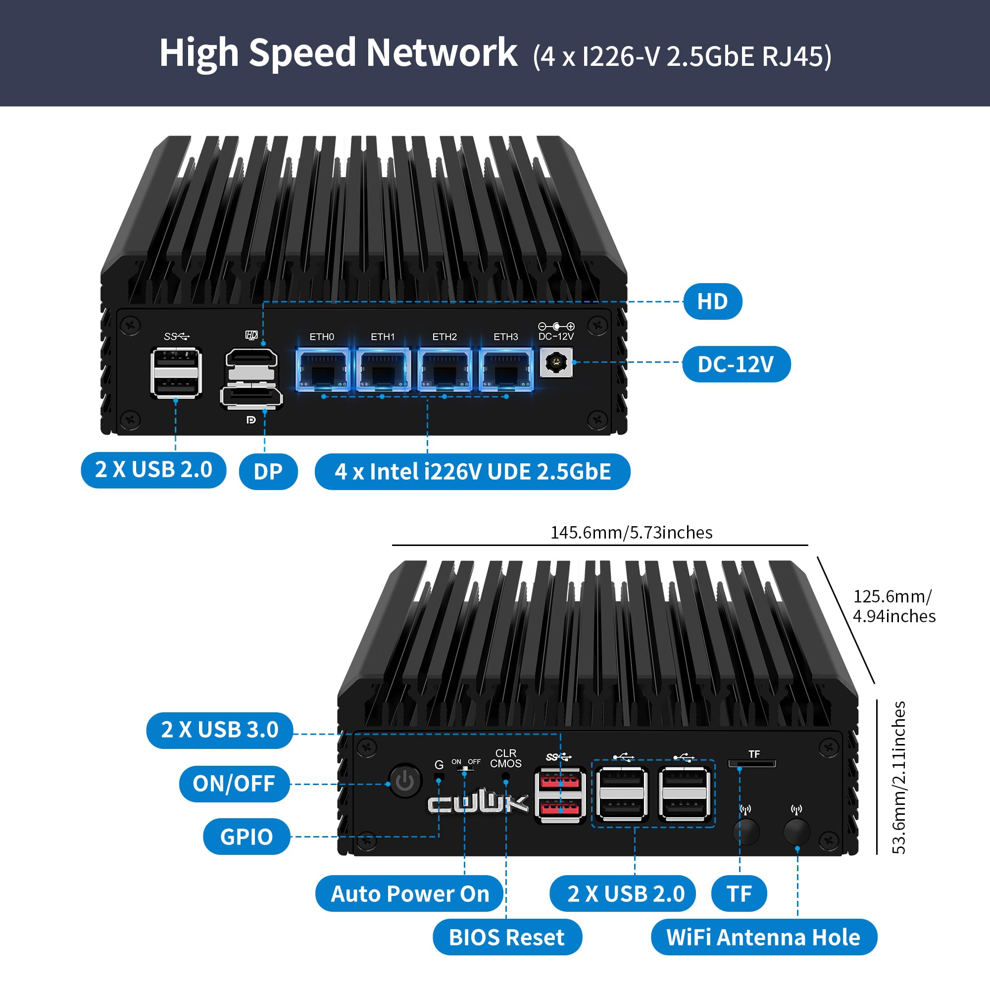 CWWK Mini PC N150 (Upgraded N100) Firewall Appliance, 4X i226-V 2.5GbE LAN OPNsense Mini Computer, F6 Fanless Micro PC DDR5 16GB RAM 128GB SSD, PCIe3.0 x4, 2-Display,TF, M.2 E-Key