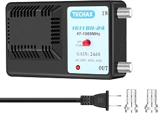 Antenna Amplifier, Digital TV Signal Booster,Adjustable Gain Upto 24db Distribution,Support 47-1000Mhz,Clears Up Pixelated Low Strenght Channels, Work with FM, UHF, VHF and HD TV