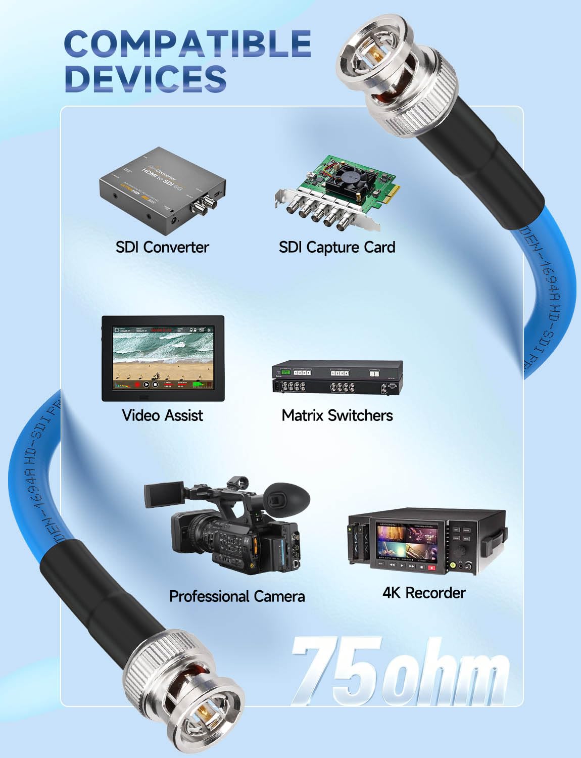 Superbat Cavo SDI 3G/6G/12G 61m Cavo Audio Digitale BNC Maschio a Maschio Belden 1694A 75 Ohm per Telecamere e Attrezzature Video, Supporta HD-SDI/3G-SDI/4K/8K(1 Pezzo)