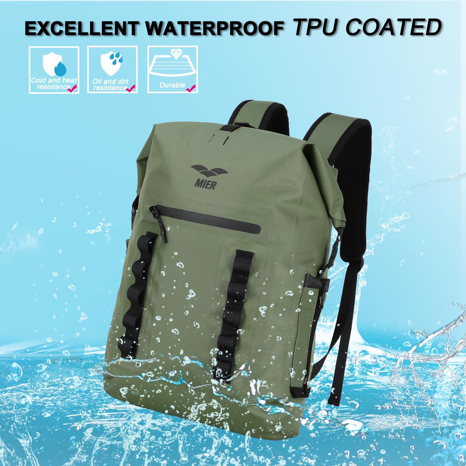 MIER Zaino impermeabile antifurto per computer portatile da 15,6 pollici da uomo, grandi zaini casual per scuola, lavoro, viaggi, ciclismo, escursionismo, campeggio, 20 l, nero, Verde scuro, 30L