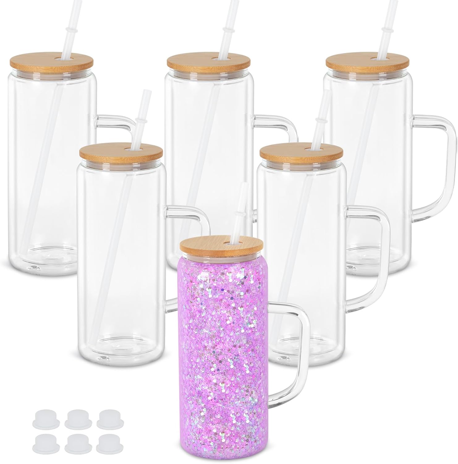 20 Oz Snow Globe Glass Cup With Handle, 6 Pack Pre-Drilled Double Wall Glass Coffee Mug For Snowglobe Diy Glitter, Double Wall Snow Globe Tumbler with Bamboo Lid