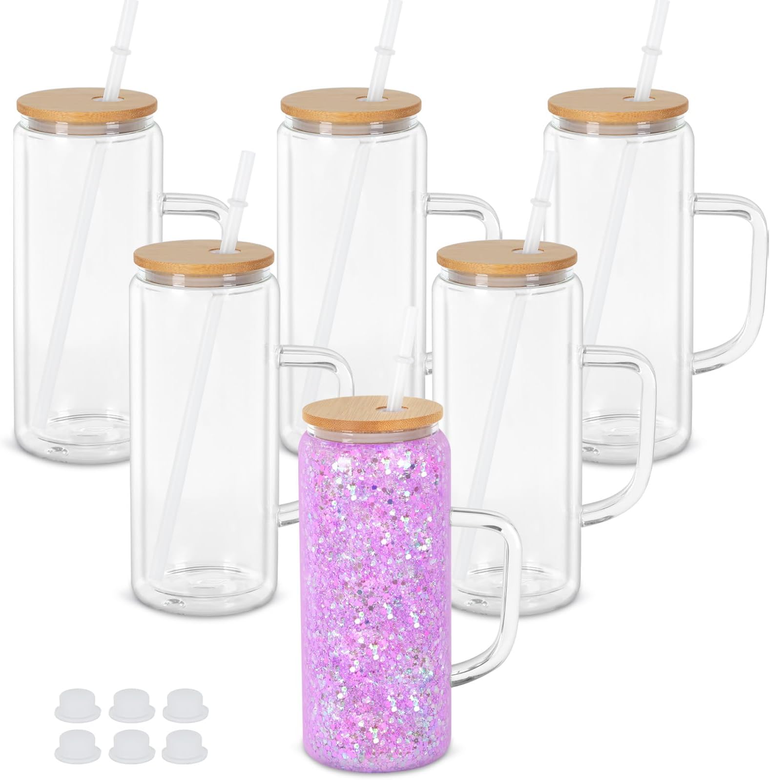 Maucircol 20 Oz Snow Globe Glass Cup With Handle, 6 Pack Pre-Drilled Double W...