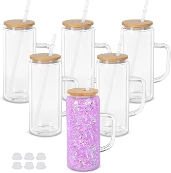 20 Oz Snow Globe Glass Cup With Handle, 6 Pack Pre-Drilled Double Wall Glass Coffee Mug For Snowglobe Diy Glitter, Double Wall Snow Globe Tumbler with Bamboo Lid