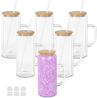 20 Oz Double Wall Glass Coffee Mug with Handle, 6 Pack Pre-Drilled for DIY Glitter Snow Globe, Tumbler with Bamboo Lid
