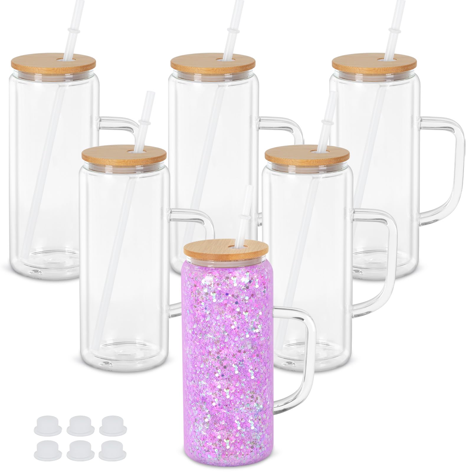 20 Oz Double Wall Glass Coffee Mug with Handle, 6 Pack Pre-Drilled for DIY Glitter Snow Globe, Tumbler with Bamboo Lid
