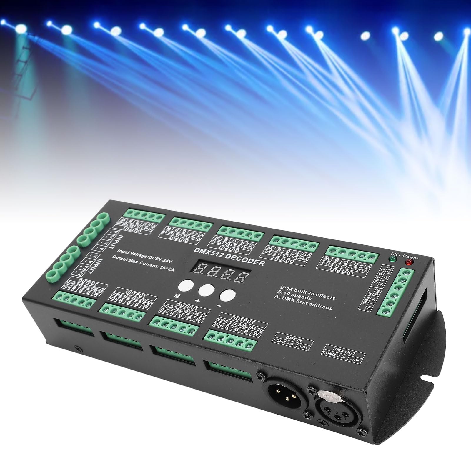 Pyhodi DMX 512 LED -Decoder -Controller 36Ch Digital Display Decoder, 3.46x1.50x8.62in LED -Digitalanzeige Decodering, 2A RGBW Multiple X Decoder -Controller für Strip Light