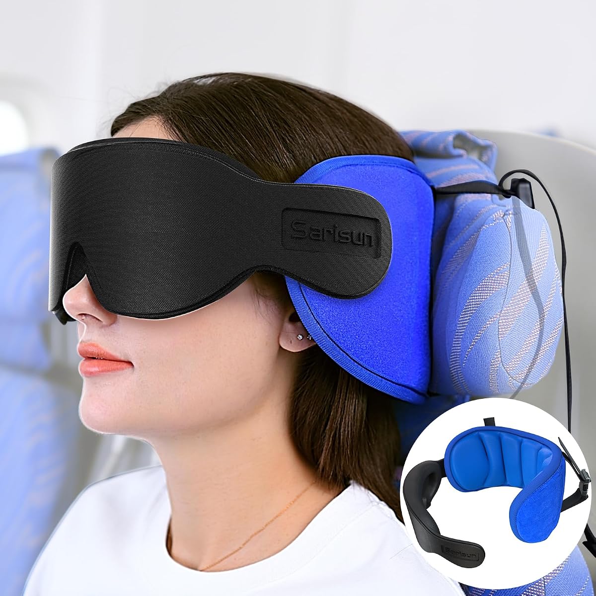 SARISUN Almohada de Viaje para Dormir en Aviones, Correa de Asiento para un Soporte Estable | Correa para la cabeza de almohada de avión con máscara para ojos 3D, Stop Bobblehead, soporte para reposacabezas de 360° para viajes largos por carretera, azul