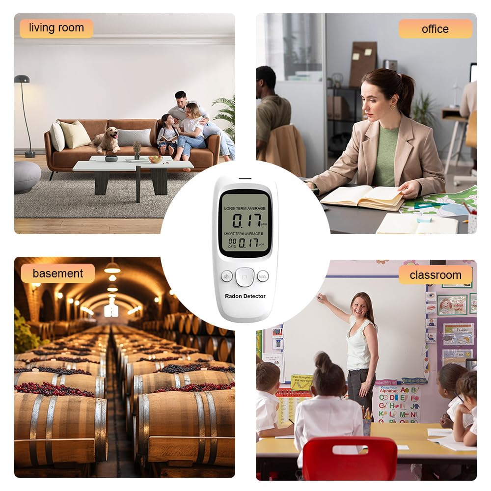 DM161 Rilevatore di Radon Monitor con display pCi/L, nero | Media a lungo e breve termine, AA o ricaricabile, leggero e portatile, uso domestico, scuola e ufficio