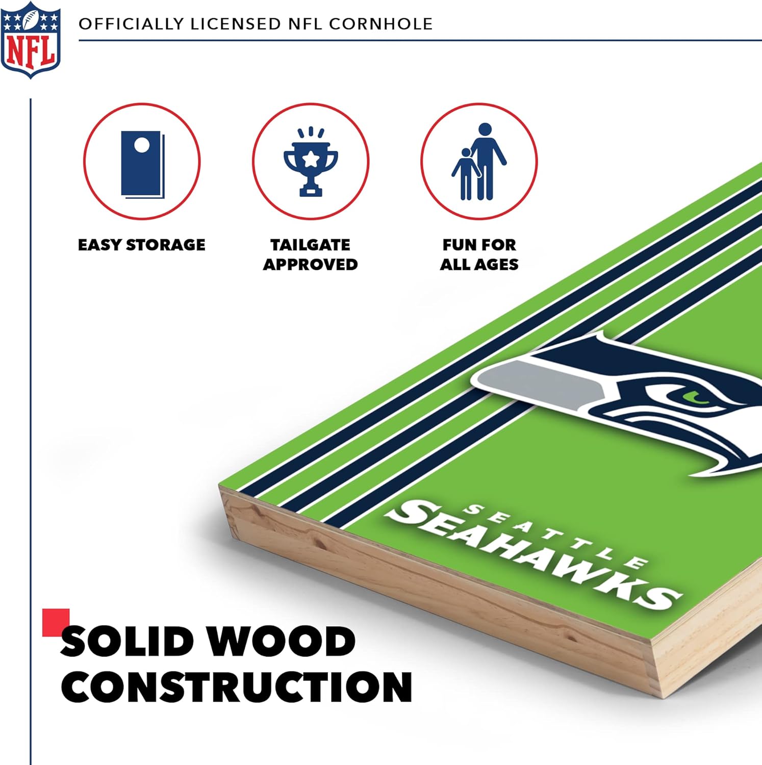Wild Sports 2' x 3' Solid Wood Cornhole Set with Direct Print HD Team Graphics – Great Gift for Any Football Fan! Bean Bag Toss Family Outdoor Games – NFL Seattle Seahawks