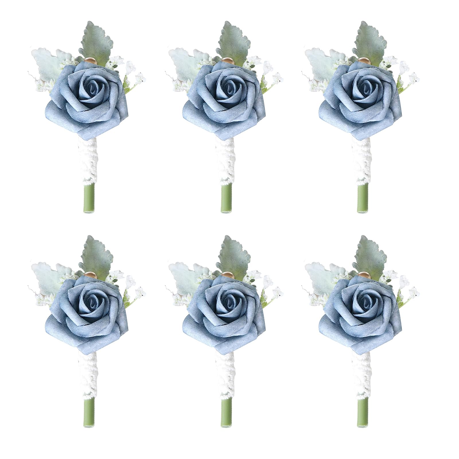 Bryer Men's Dark Blue 6Pcs Boutonnieres For Weddings, Wedding Buttonholes Flowers, Artificial Rose Corsage With Pin 6Pcs Bridal Groom Wedding Flowers,