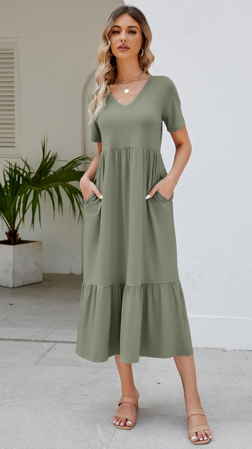 Women's 2026 Summer Short Sleeve V Neck Swing Dress Flowy Tiered Maxi Beach Sundress with Pockets - Image 4