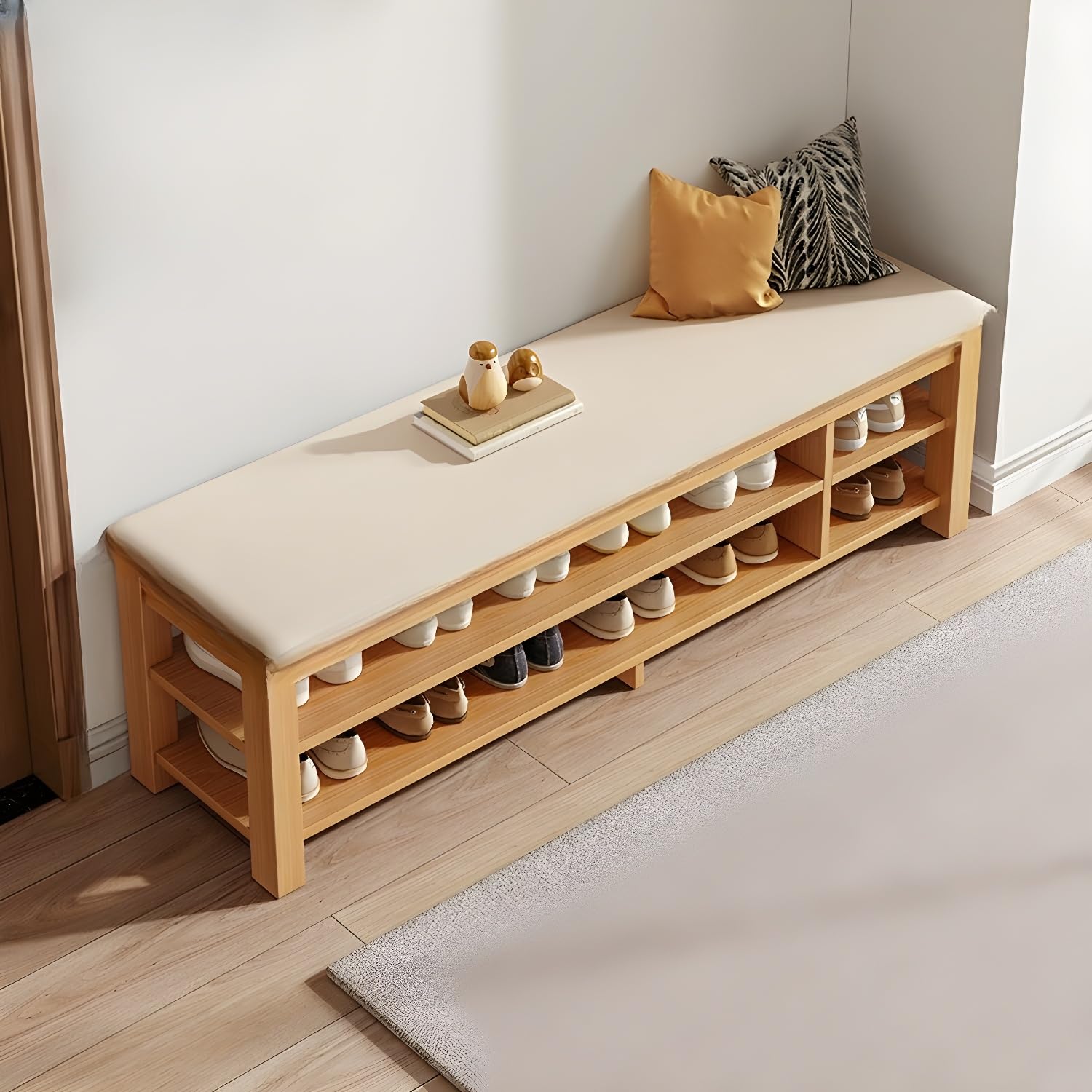 KLGFBDC Entryway Bench with Shoe Rack - Cushioned Wood Storage Bench for Hallway and Mudroom - Functional and Stylish Design