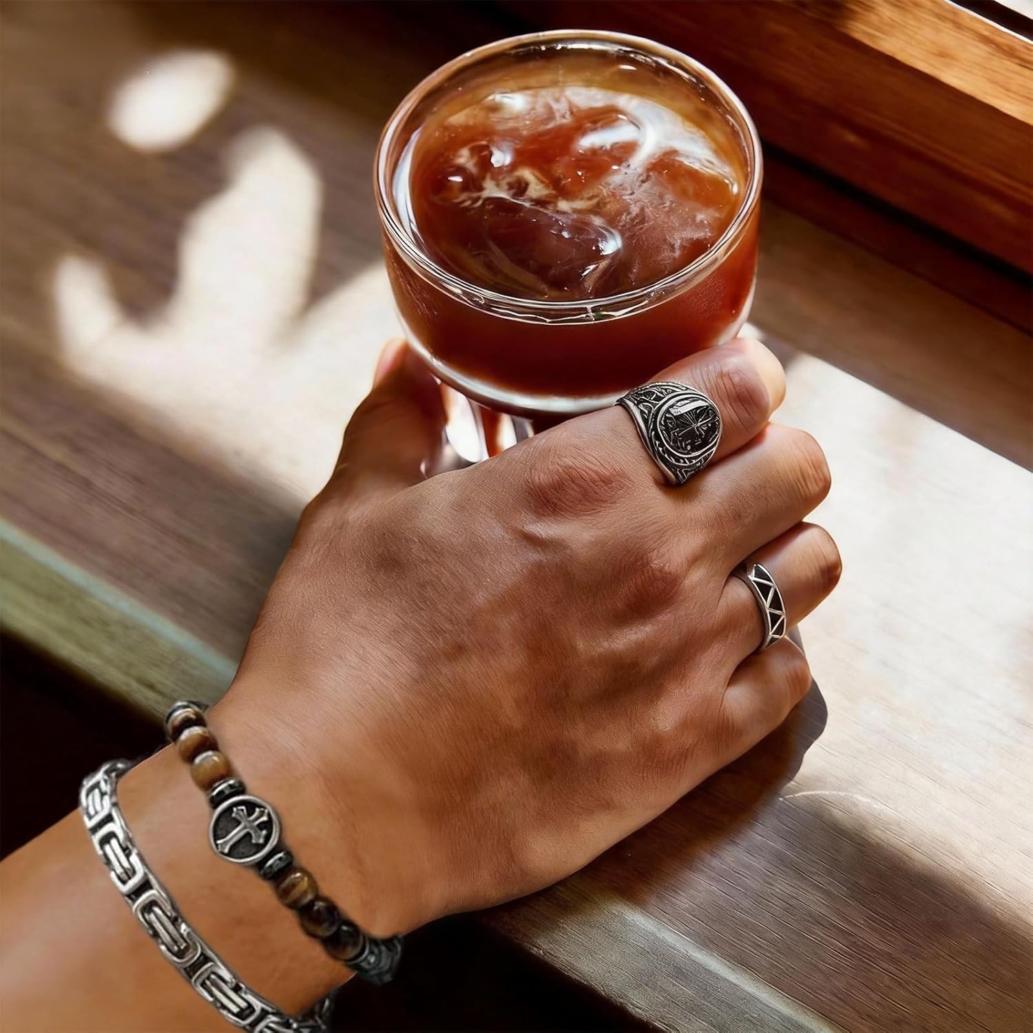 2Pcs Men's Bracelet Set - Byzantine Stainless Steel Chain & Natural Stone Cross Bracelet, Tiger Eye Black Obsidian Hematite Beads, Christian Religious Jewelry Gift for Him, Father's Day Birthday