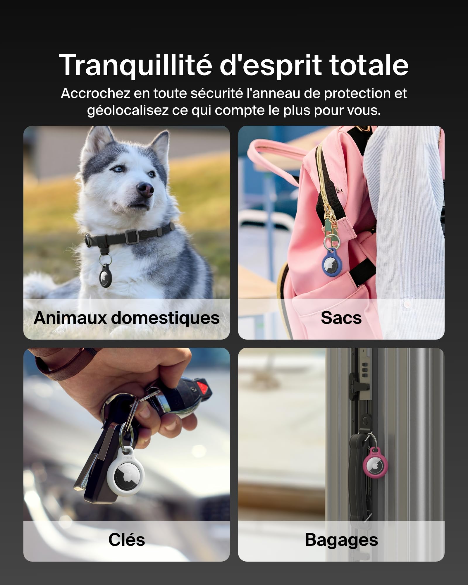 Belkin Anneau de protection avec attache en métal (protection pour AirTag, accessoire résistant aux rayures, Noir)