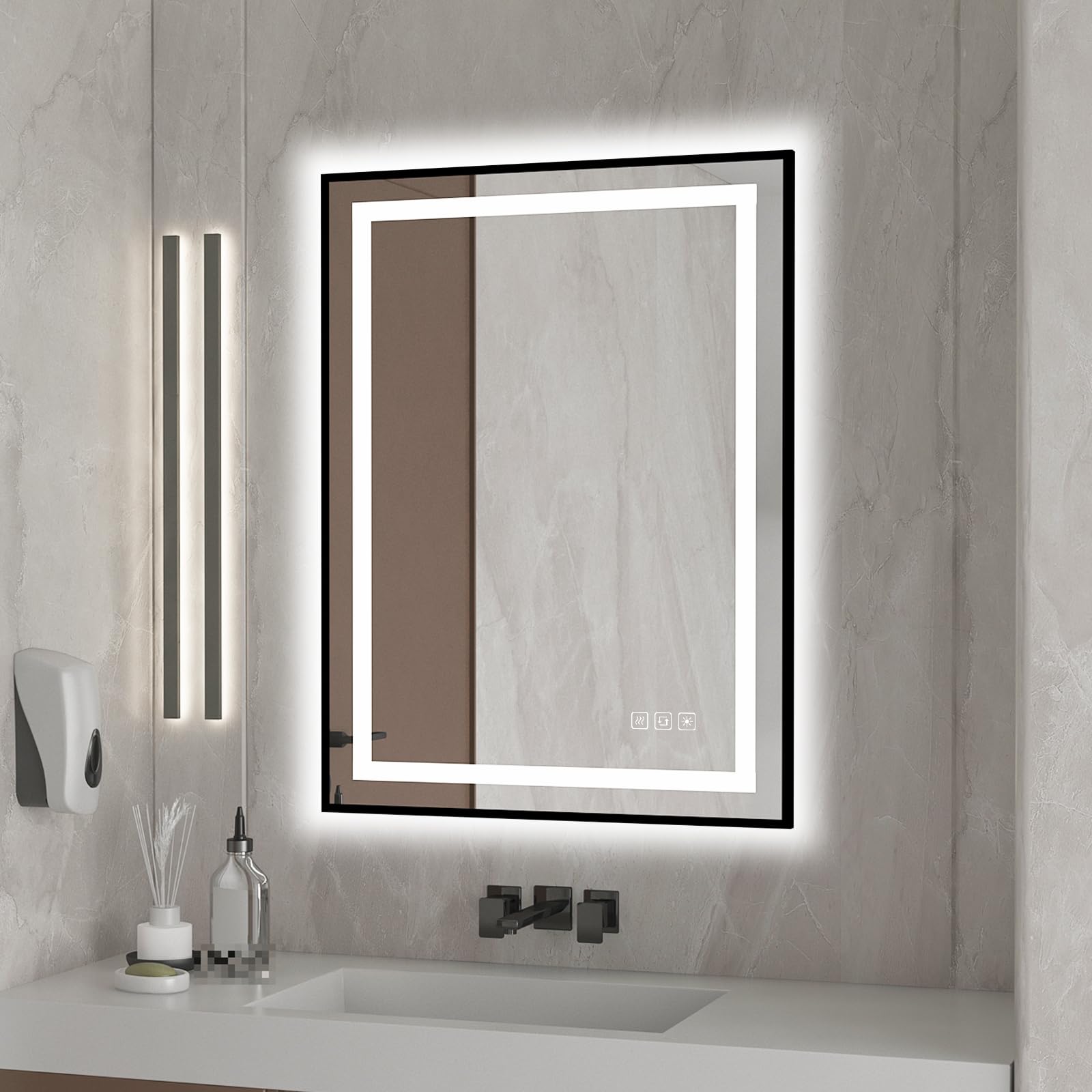furduzz Bathroom LED Mirror with Black Frame, 450 x 600 mm Wall-Mounted Vanity Mirror with Front and Backlit Lights, Memory Function, Dimmable, Anti-Fog Hanging Makeup Mirror (Horizontal/Vertical)